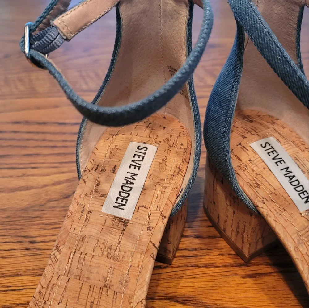 Steve Madden Blue Denim Block Cork Open Toe Shoes Heels Sandals